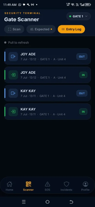 Crovix Haven guard app → gate entry log