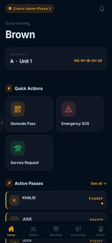 Crovix Haven resident app → home screen