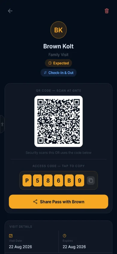 Crovix Haven resident app → visitor pass with QR code